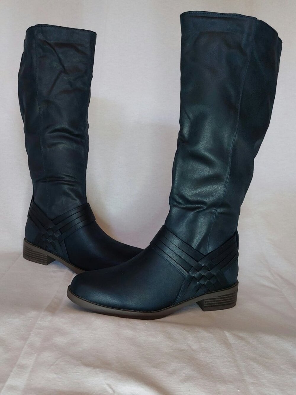 Journee Collection Meg Navy Blue Calf Knee High Boots Woven Strap Women Sz 8.5